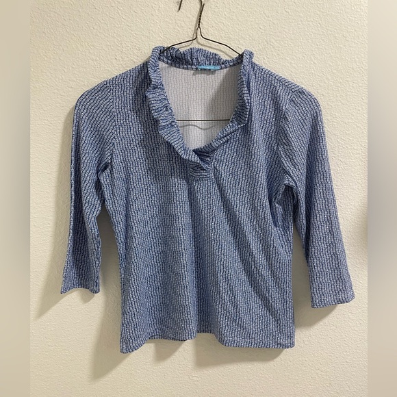 J. McLaughlin Tops - J. McLaughlin Catalina cloth blue and White Ruffle Blouse